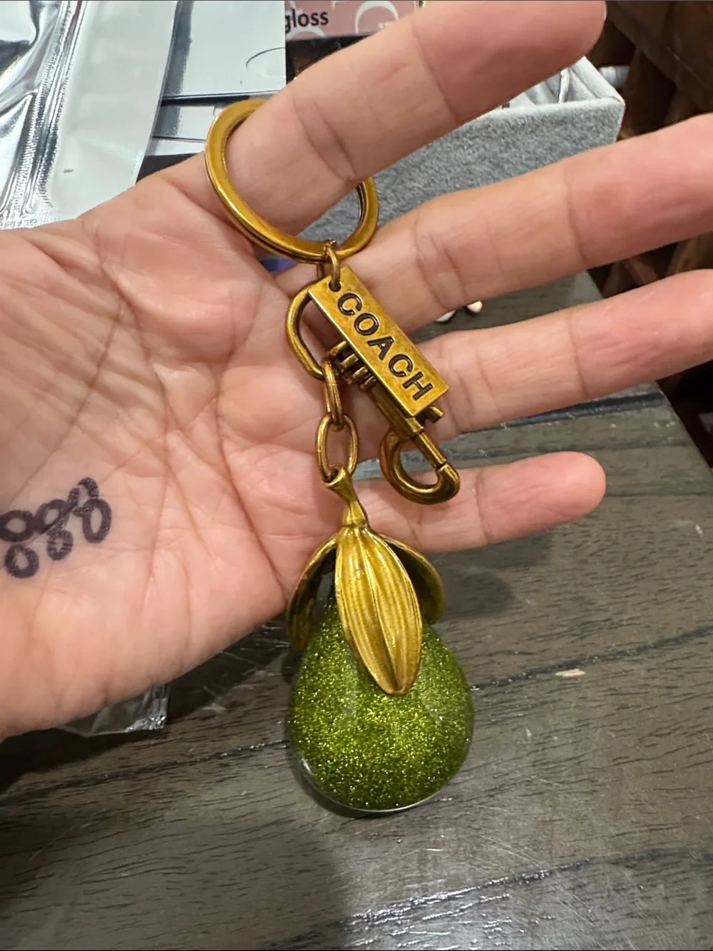 Gold-Tone Keychain with Green Glitter Pear Charm